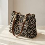 Women's Leopard Print Canvas Tote with Chain Detail