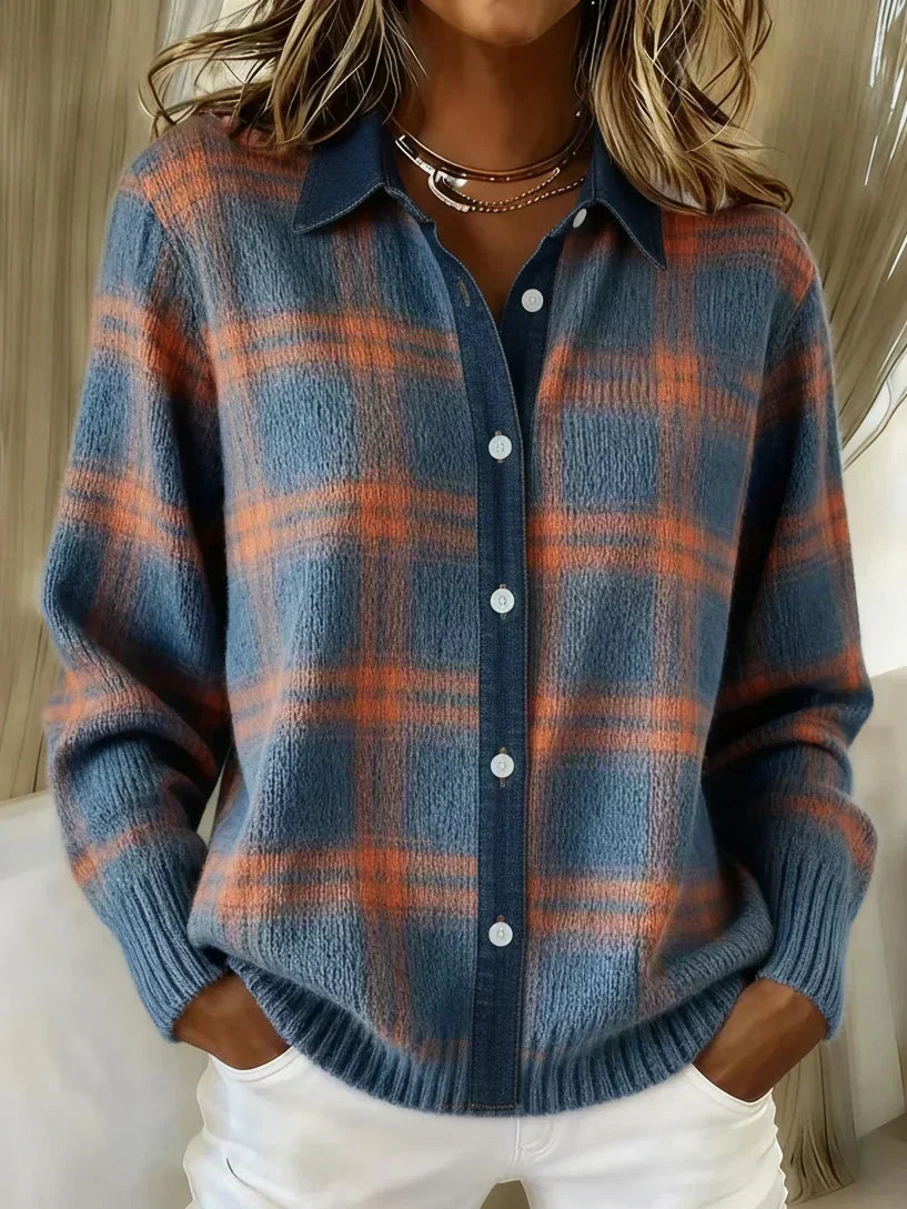Women's Checked Knit Button-Front Blouse