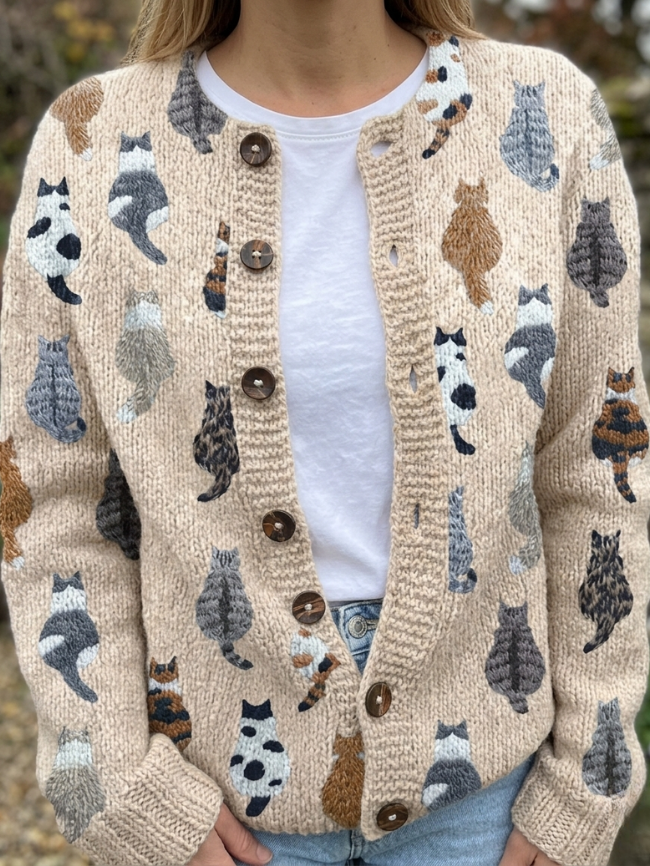 Women's Cat Print Button-Front Knit Cardigan