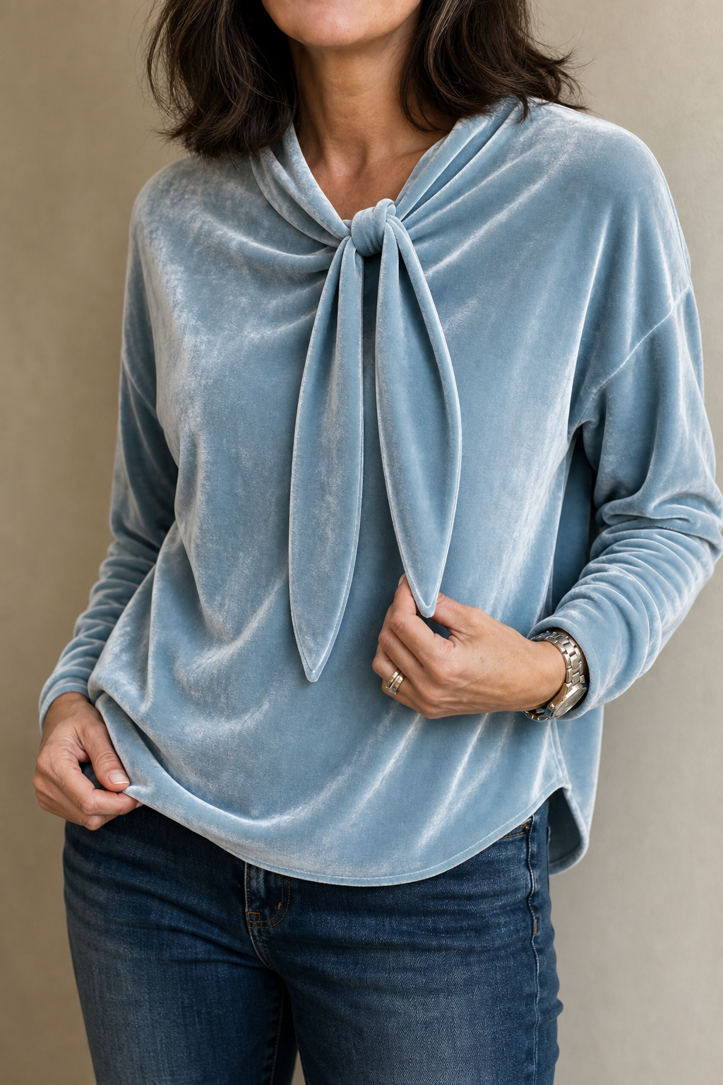 Women's Velvet Tie-Neck Blouse with Relaxed Fit