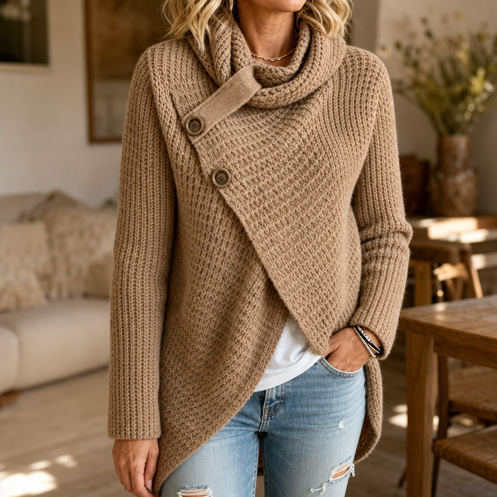 Women's Asymmetric Cowl Neck Sweater with Side Buttons