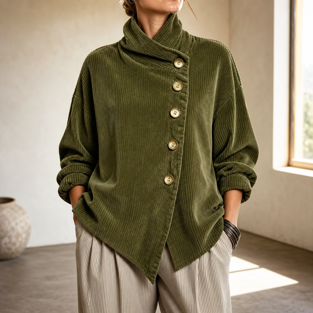 Women's Asymmetric Button Corduroy Top with Funnel Neck