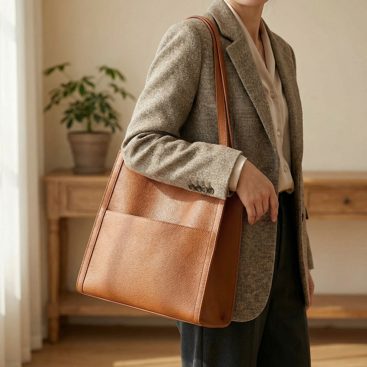 Women's Faux Leather Shoulder Tote with Wide Straps