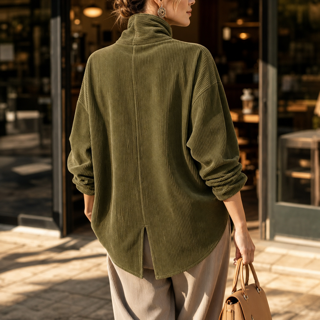 Women's Asymmetric Button Corduroy Top with Funnel Neck