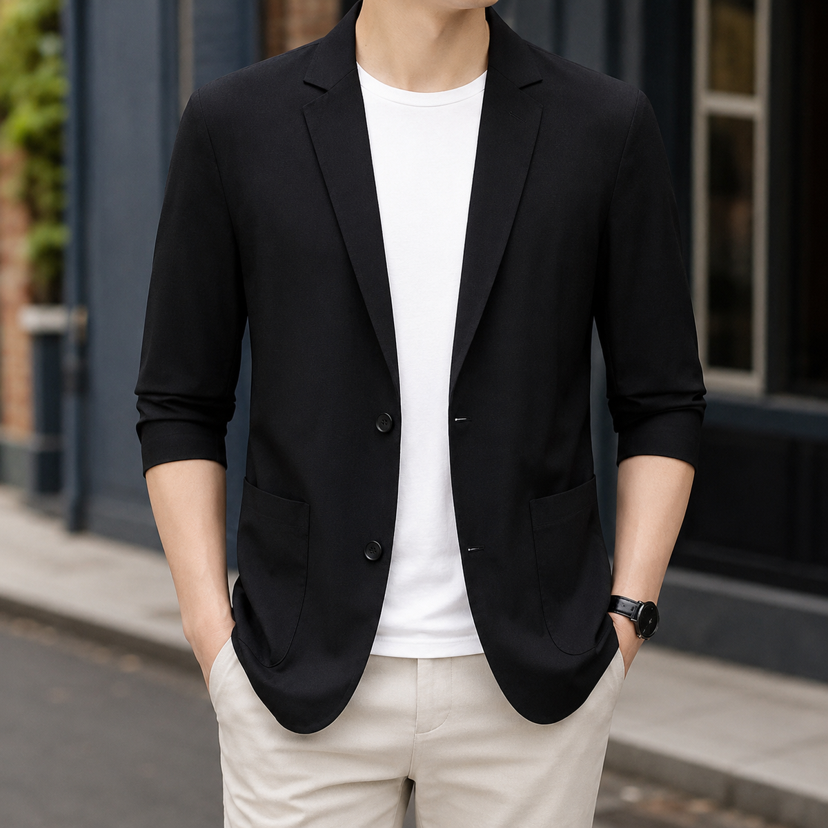 Men's Lightweight Blazer with Notched Lapels and Long Sleeves