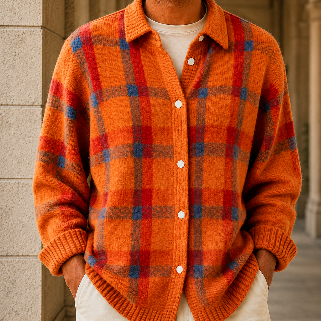 Men's Plaid Knit Cardigan with Button Front and Collar