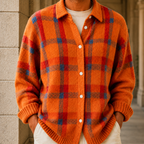 Men's Plaid Knit Cardigan with Button Front and Collar
