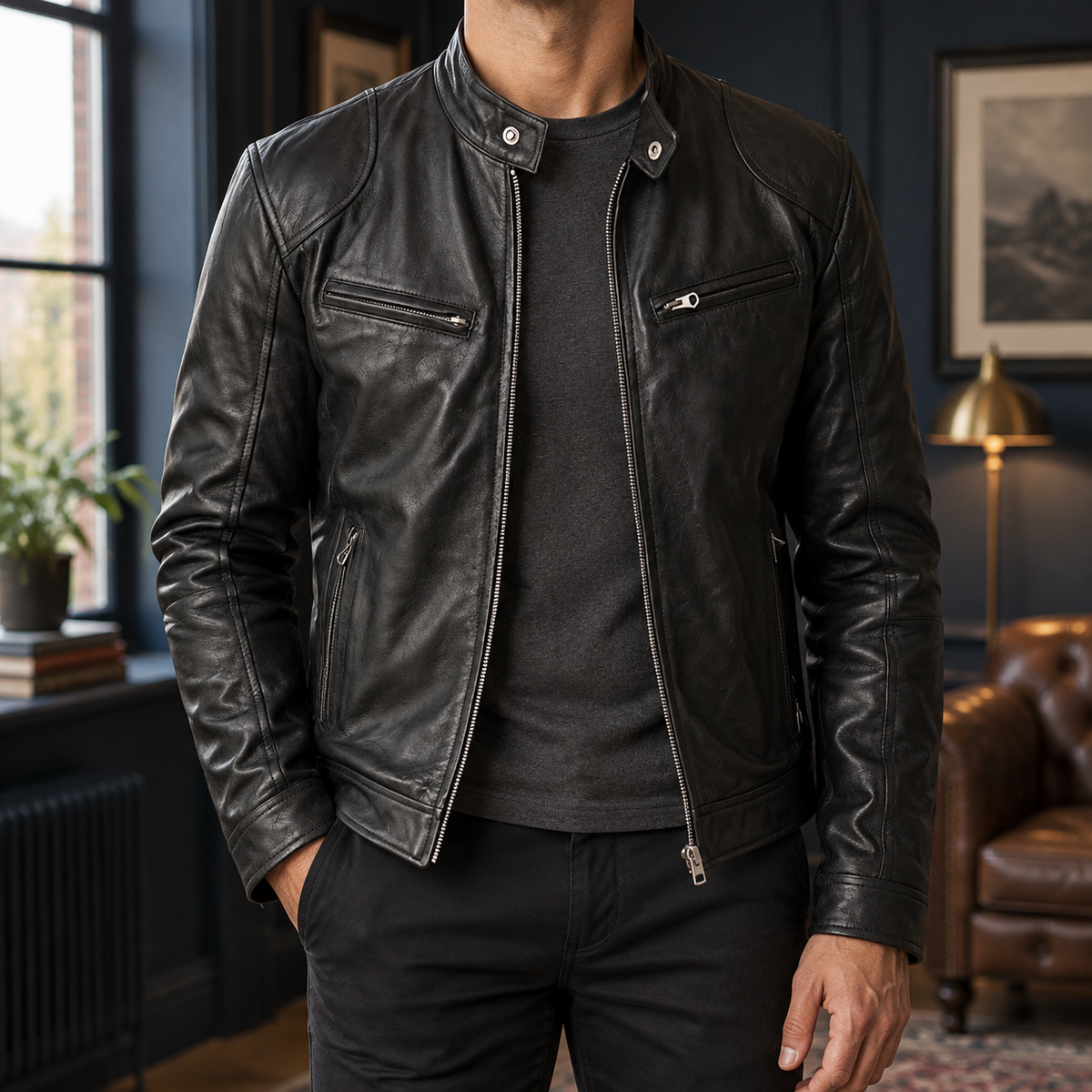 Men's Leather Moto Jacket with Zip Front and Stand Collar