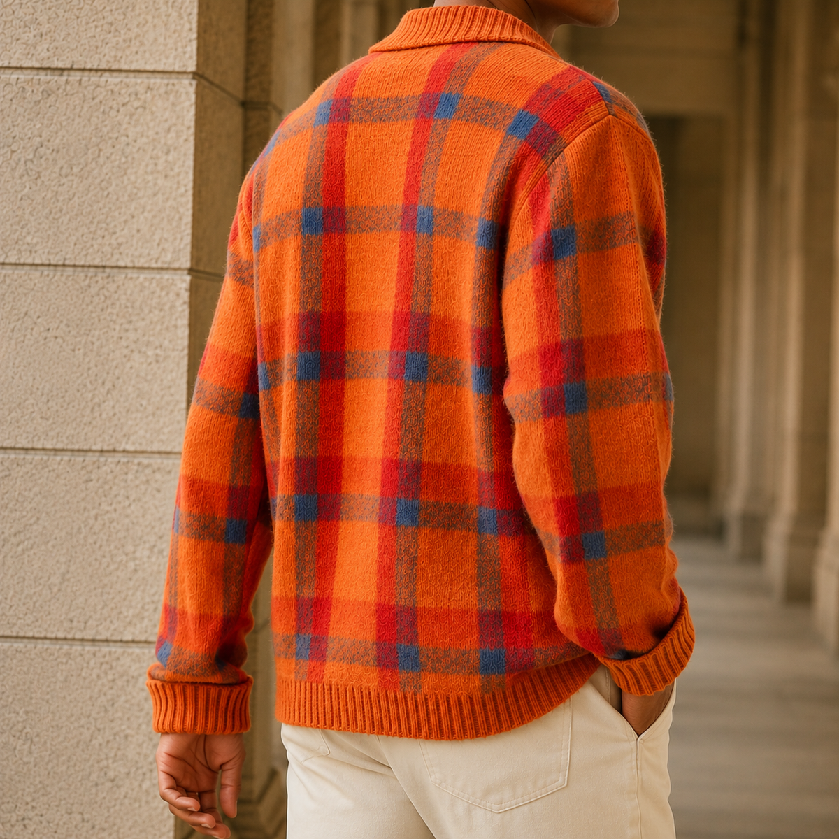 Men's Plaid Knit Cardigan with Button Front and Collar