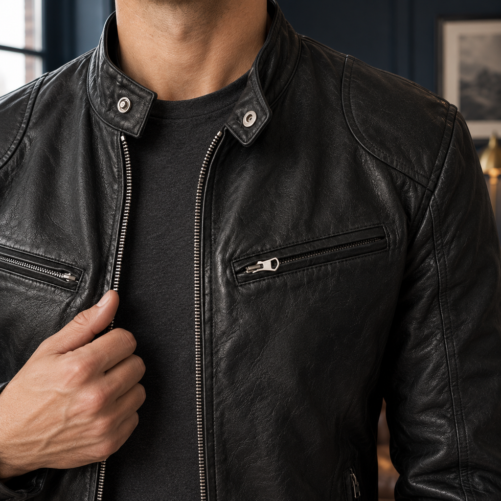 Men's Leather Moto Jacket with Zip Front and Stand Collar
