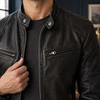 Men's Leather Moto Jacket with Zip Front and Stand Collar