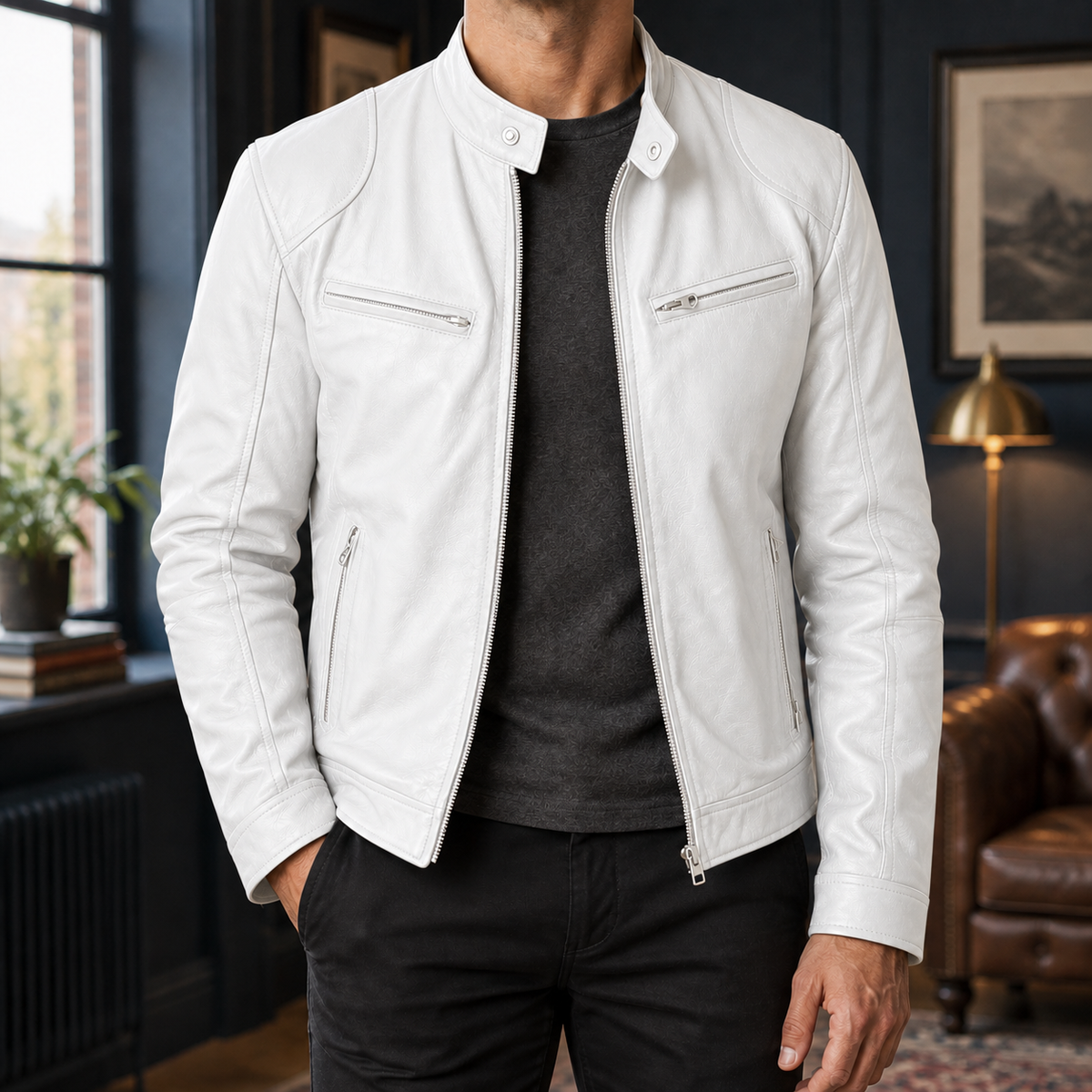 Men's Leather Moto Jacket with Zip Front and Stand Collar