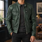 Men's Leather Moto Jacket with Zip Front and Stand Collar