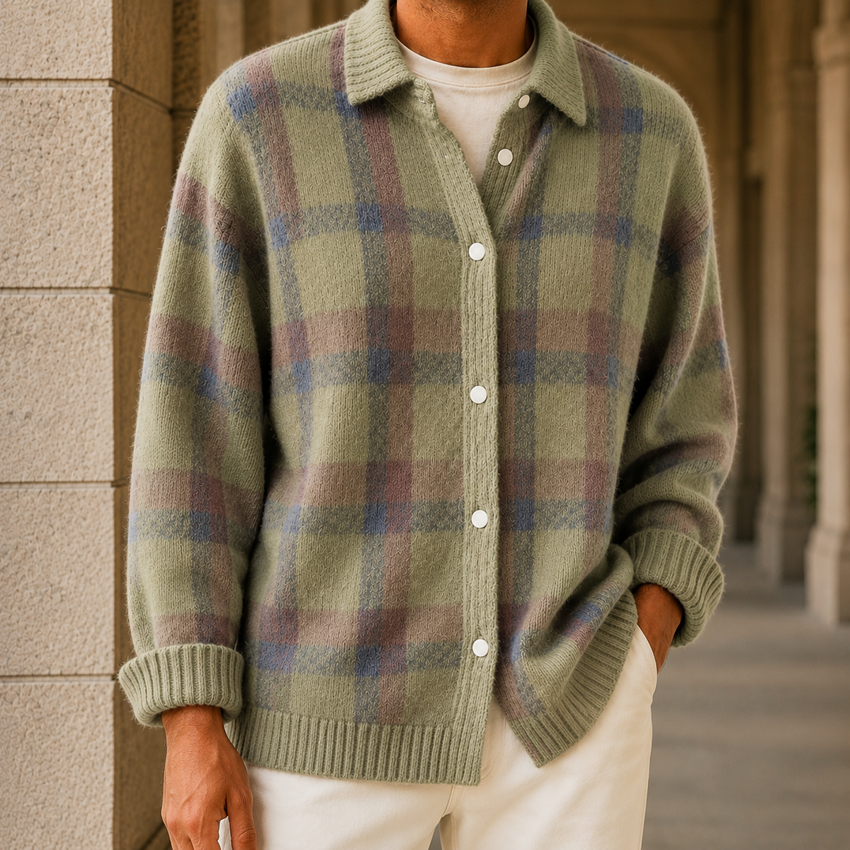 Men's Plaid Knit Cardigan with Button Front and Collar