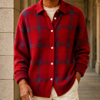 Men's Plaid Knit Cardigan with Button Front and Collar