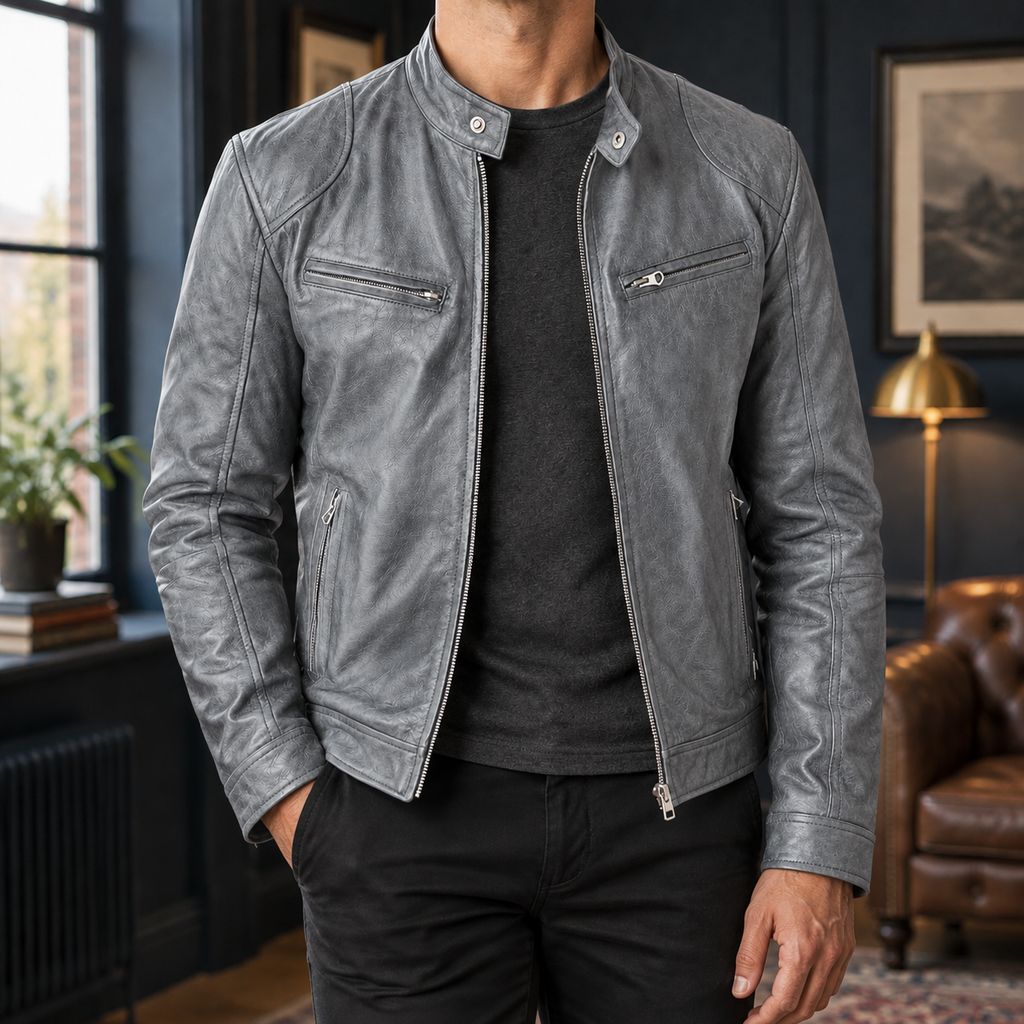 Men's Leather Moto Jacket with Zip Front and Stand Collar