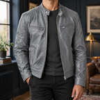 Men's Leather Moto Jacket with Zip Front and Stand Collar