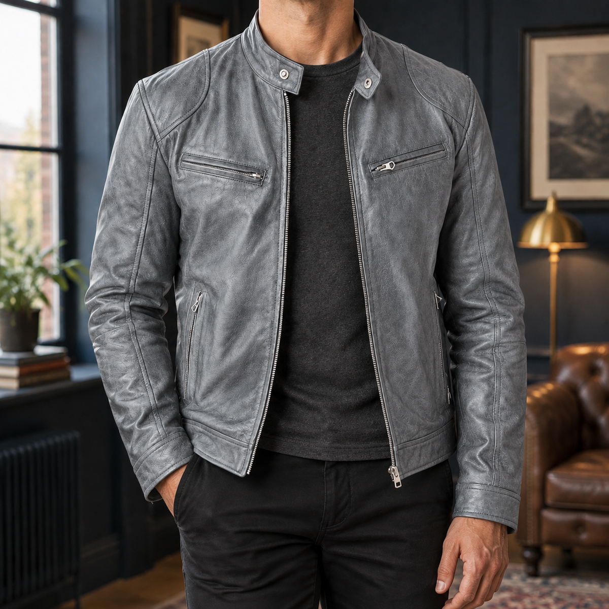 Men's Leather Moto Jacket with Zip Front and Stand Collar
