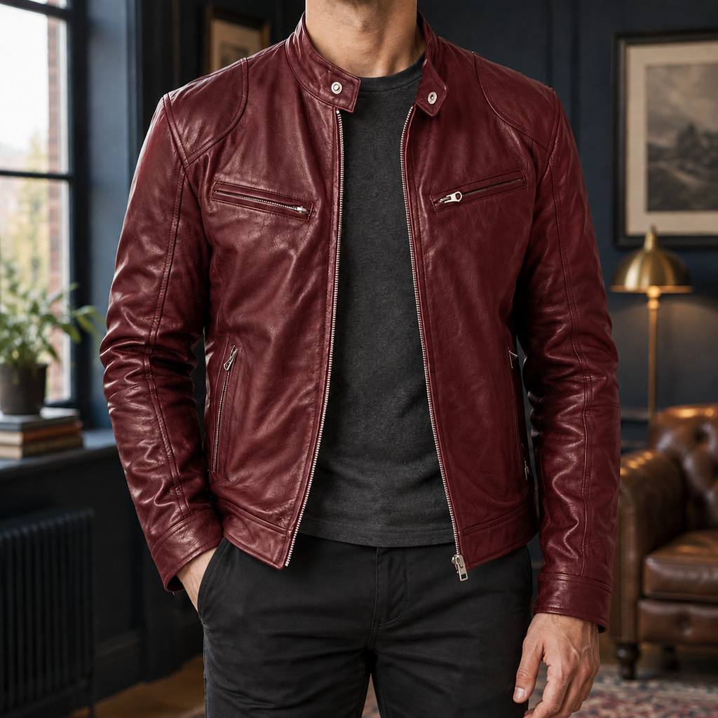 Men's Leather Moto Jacket with Zip Front and Stand Collar