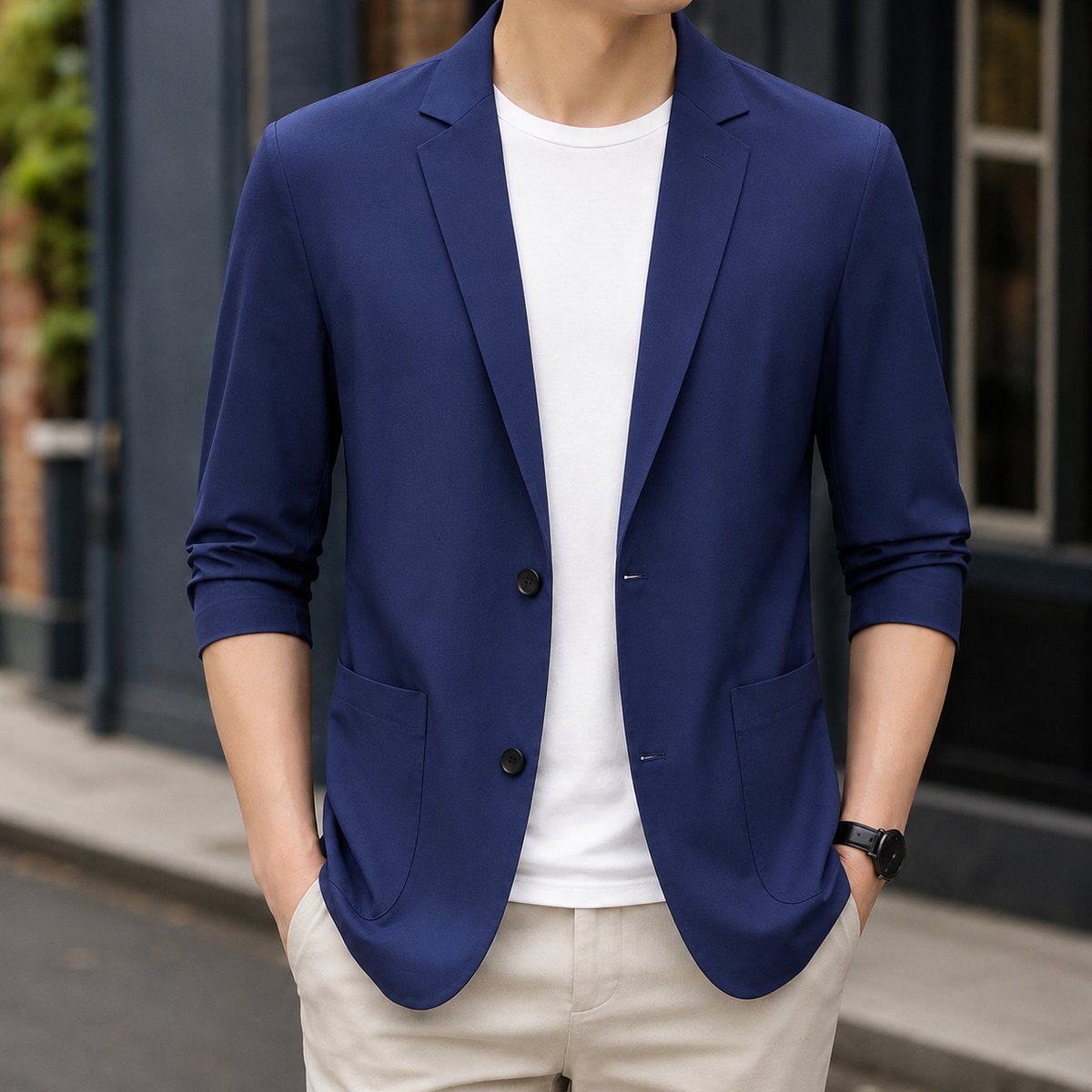Men's Lightweight Blazer with Notched Lapels and Long Sleeves