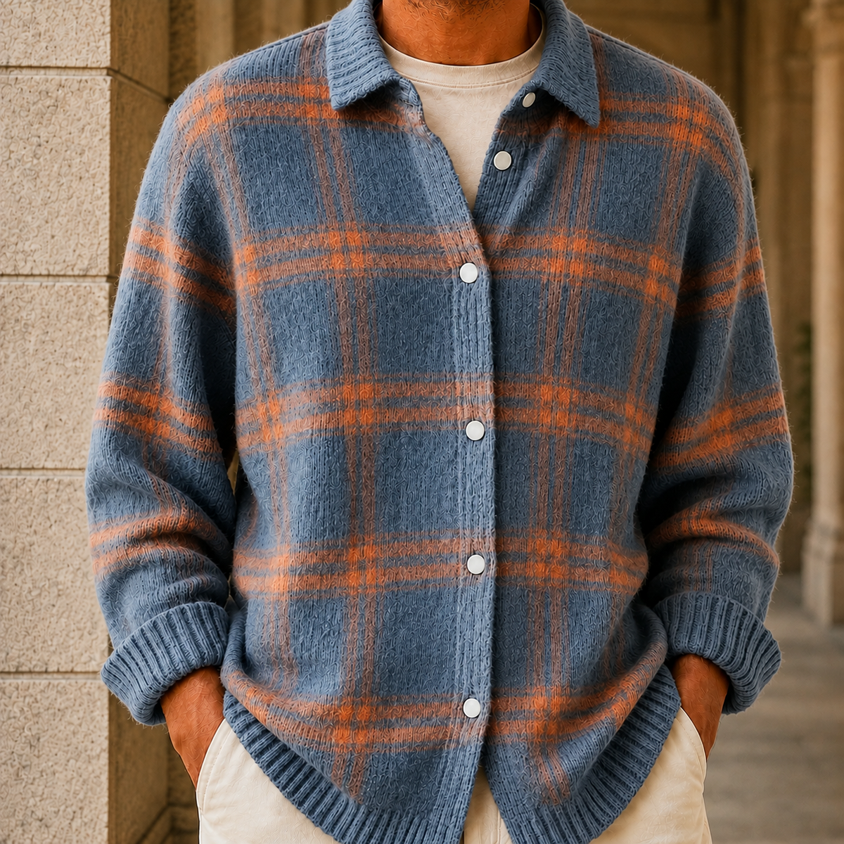 Men's Plaid Knit Cardigan with Button Front and Collar