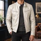Men's Leather Moto Jacket with Zip Front and Stand Collar
