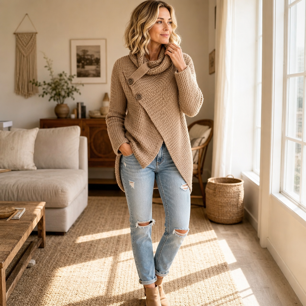 Women's Asymmetric Cowl Neck Sweater with Side Buttons