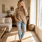 Women's Asymmetric Cowl Neck Sweater with Side Buttons