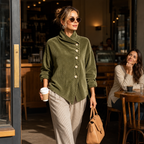 Women's Asymmetric Button Corduroy Top with Funnel Neck