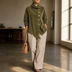 Women's Asymmetric Button Corduroy Top with Funnel Neck