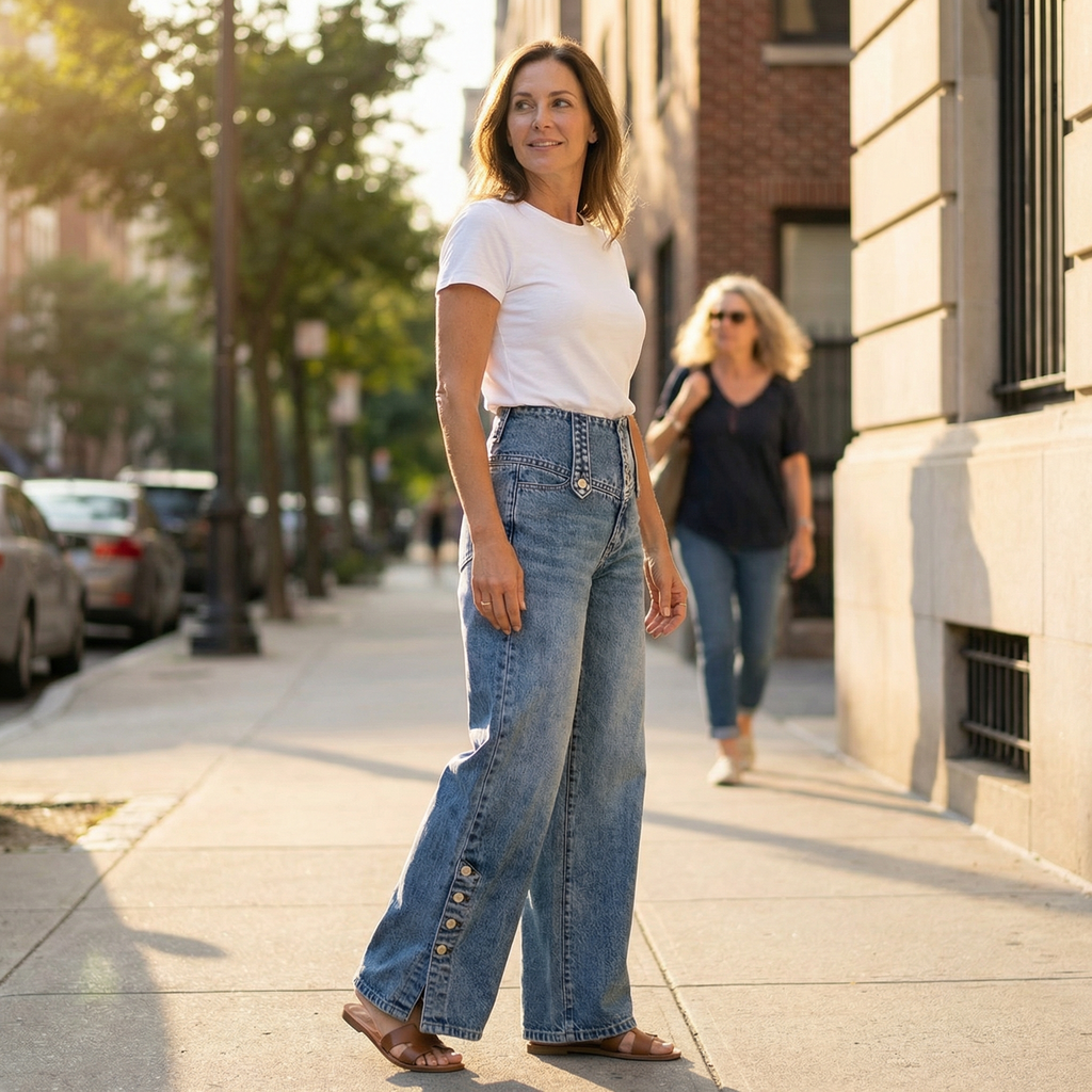 Women's High-Waisted Button-Front Wide Leg Jeans