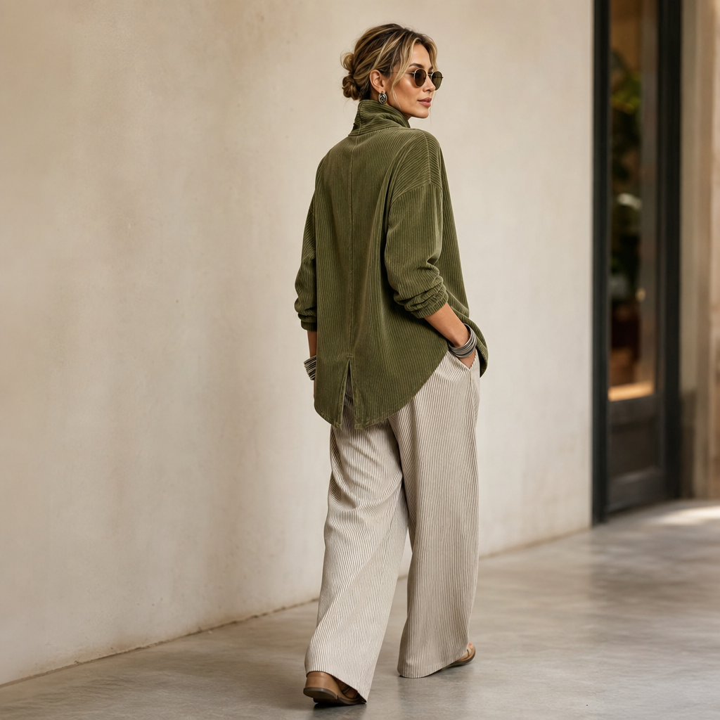 Women's Asymmetric Button Corduroy Top with Funnel Neck