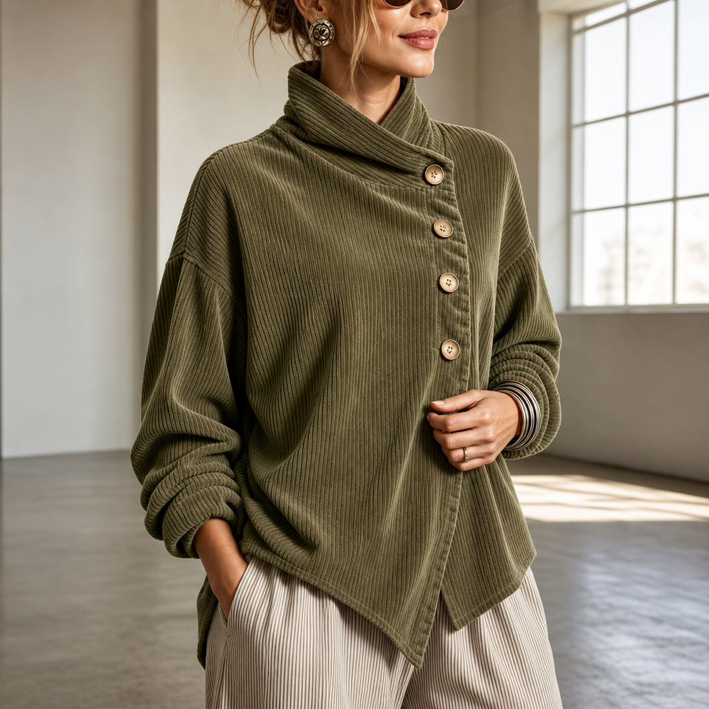 Women's Asymmetric Button Corduroy Top with Funnel Neck