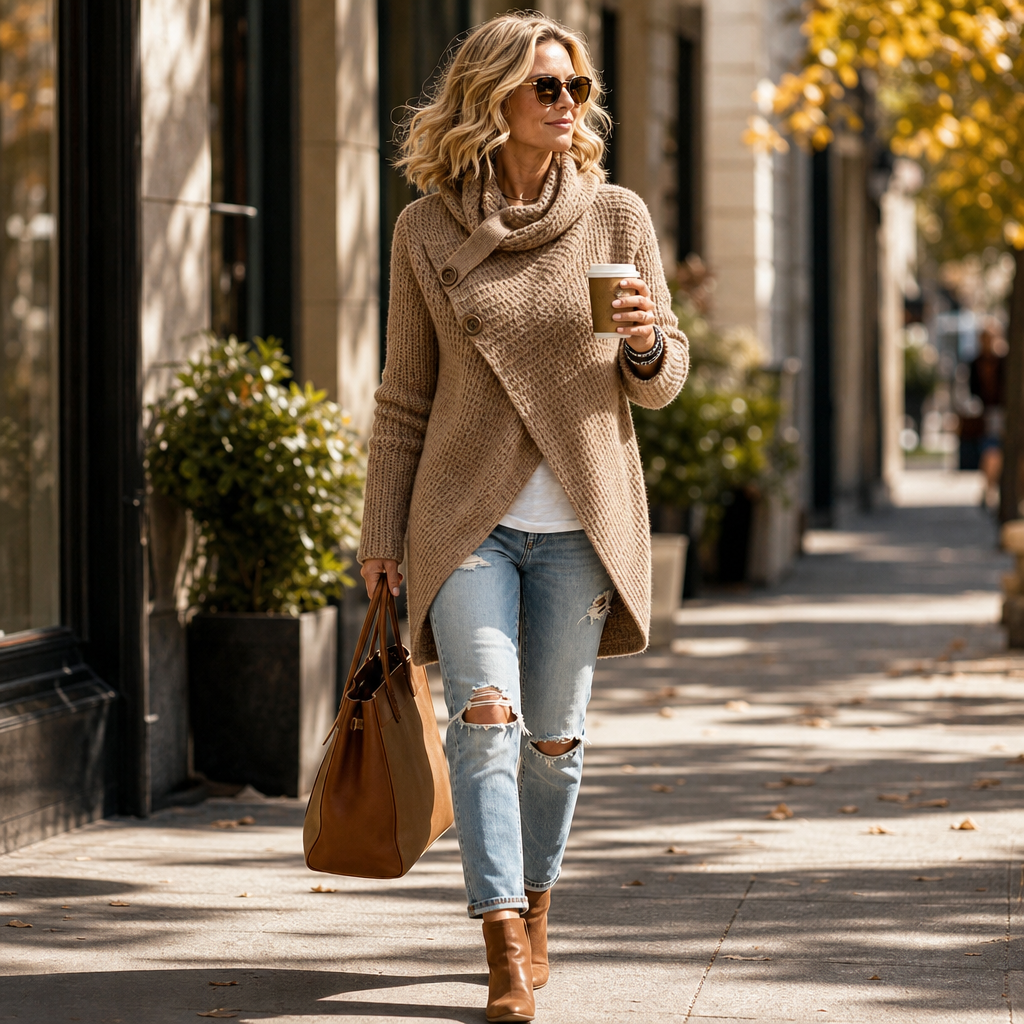 Women's Asymmetric Cowl Neck Sweater with Side Buttons