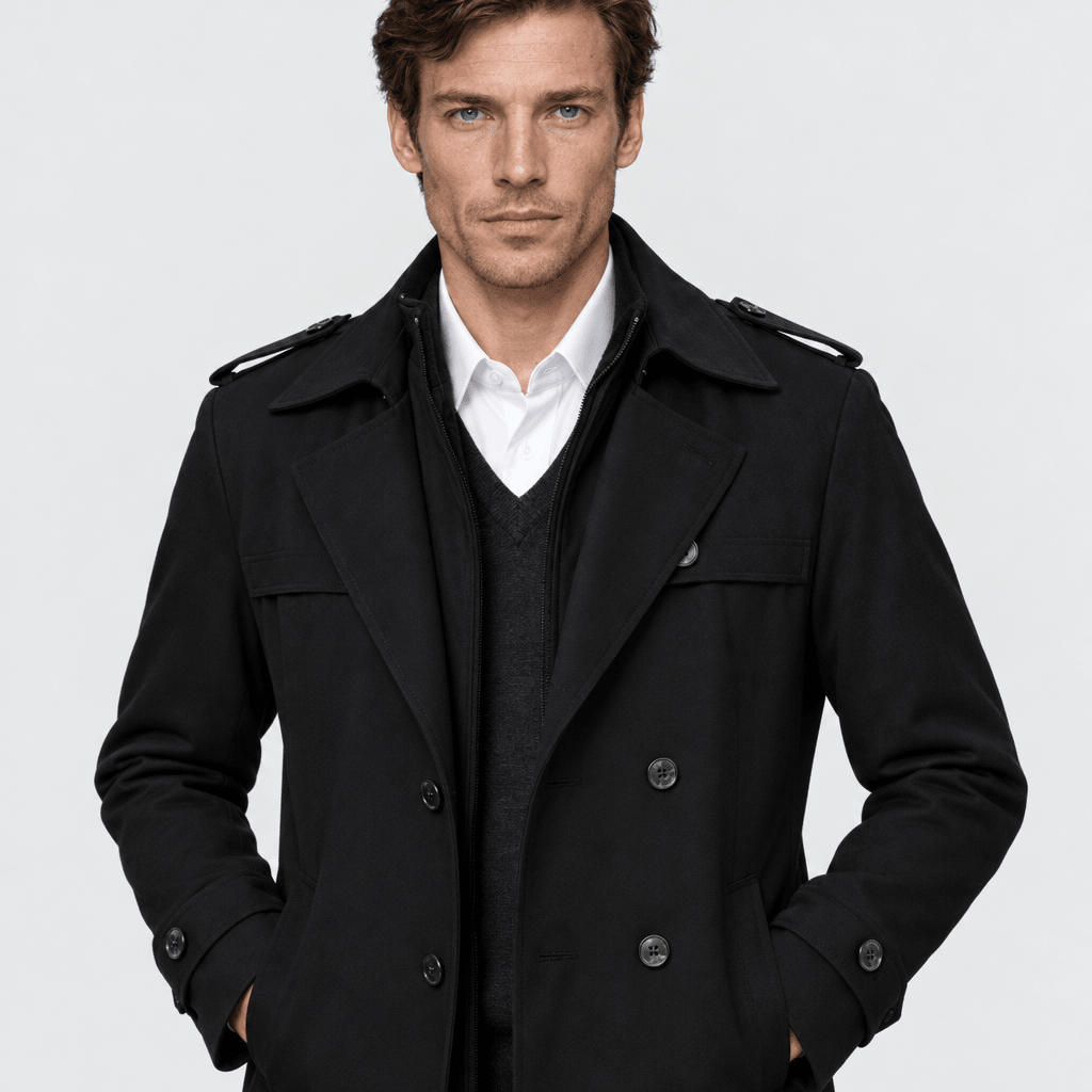 Mayfair – Double-Breasted Dual-Collar Trench Overcoat (Black) - MattiaCremasco