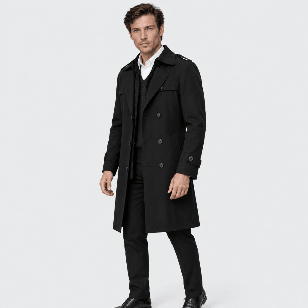 Mayfair – Double-Breasted Dual-Collar Trench Overcoat (Black) - MattiaCremasco
