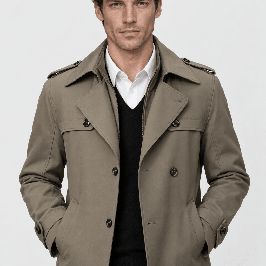 Mayfair – Double-Breasted Dual-Collar Trench Overcoat (Taupe Khaki) - MattiaCremasco