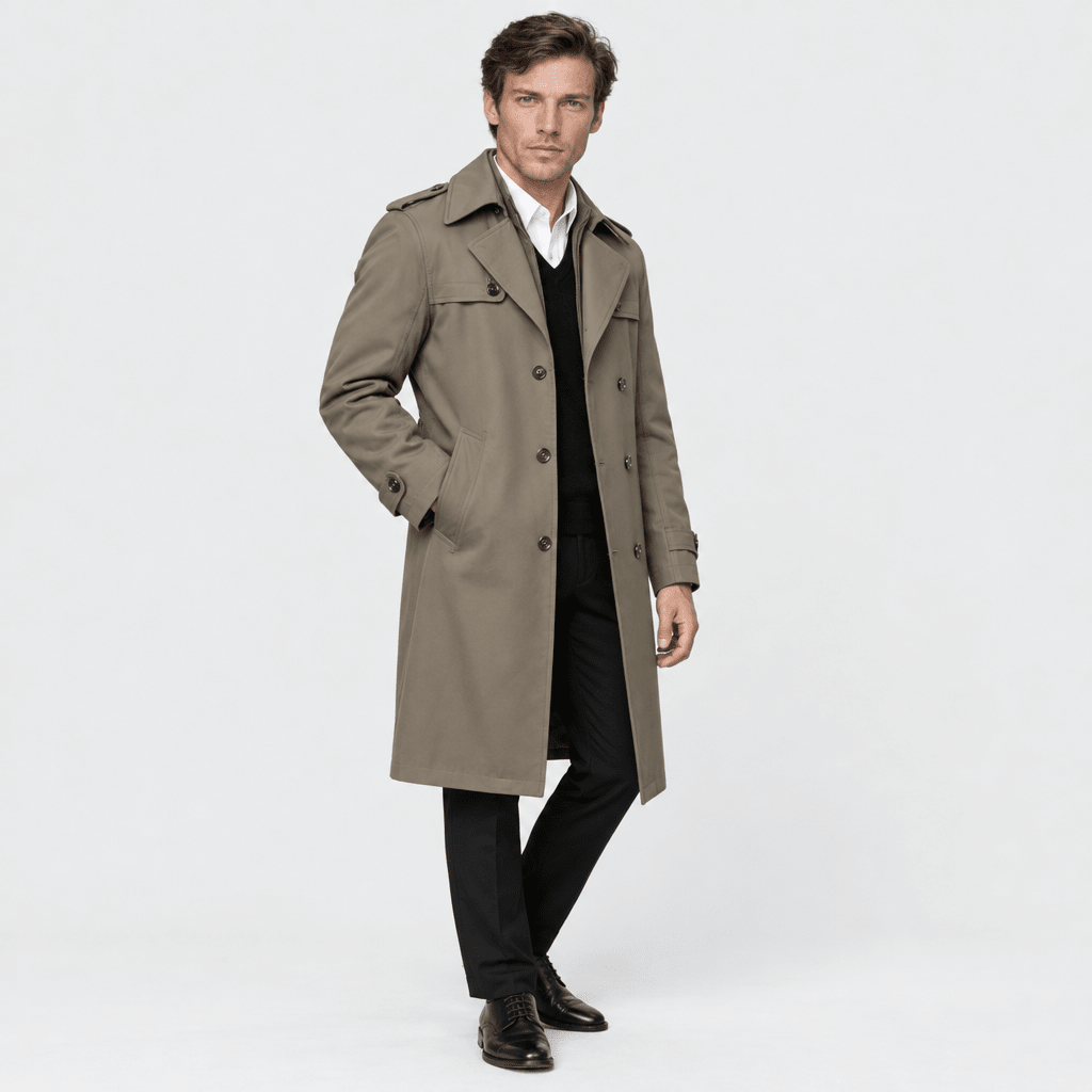 Mayfair – Double-Breasted Dual-Collar Trench Overcoat (Taupe Khaki) - MattiaCremasco