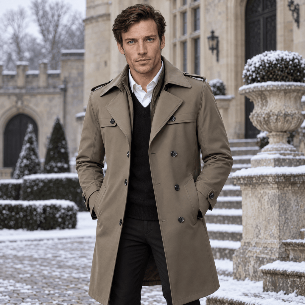 Mayfair – Double-Breasted Dual-Collar Trench Overcoat (Taupe Khaki) - MattiaCremasco