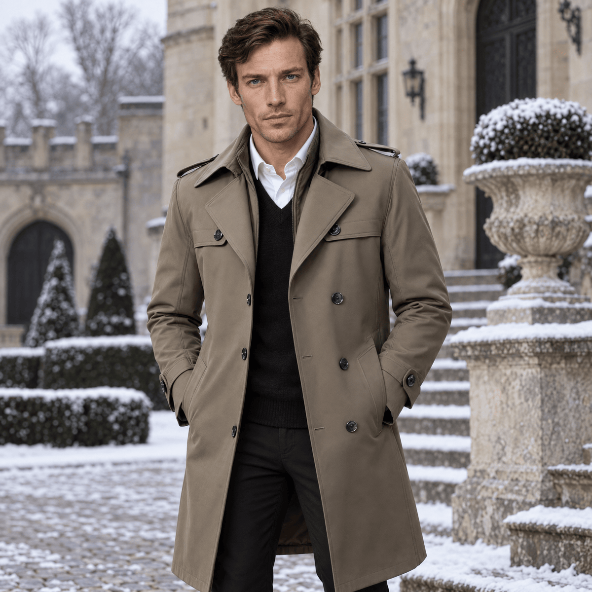 Mayfair – Double-Breasted Dual-Collar Trench Overcoat (Taupe Khaki) - MattiaCremasco