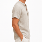 Men’s Beige Textured Short-Sleeve Henley Shirt with Chest Pocket - MattiaCremasco