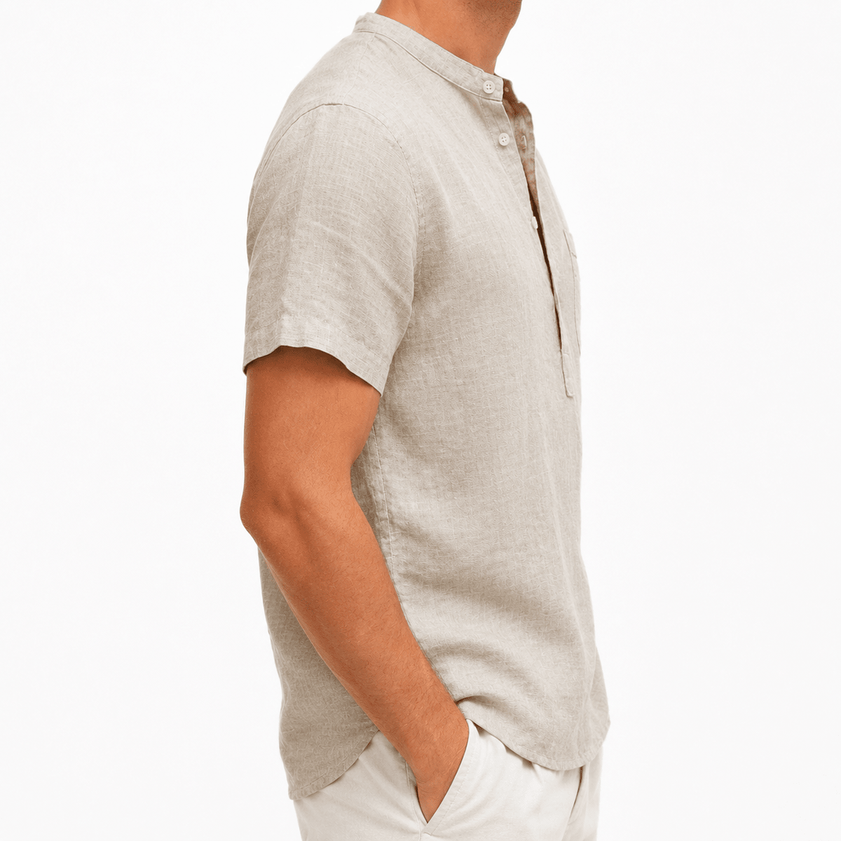 Men’s Beige Textured Short-Sleeve Henley Shirt with Chest Pocket - MattiaCremasco