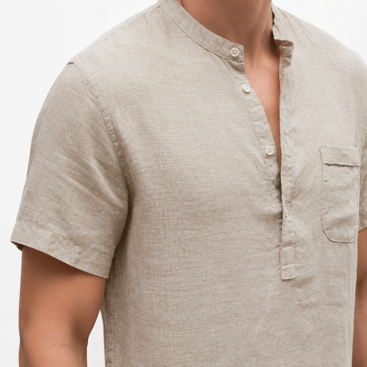 Men’s Beige Textured Short-Sleeve Henley Shirt with Chest Pocket - MattiaCremasco
