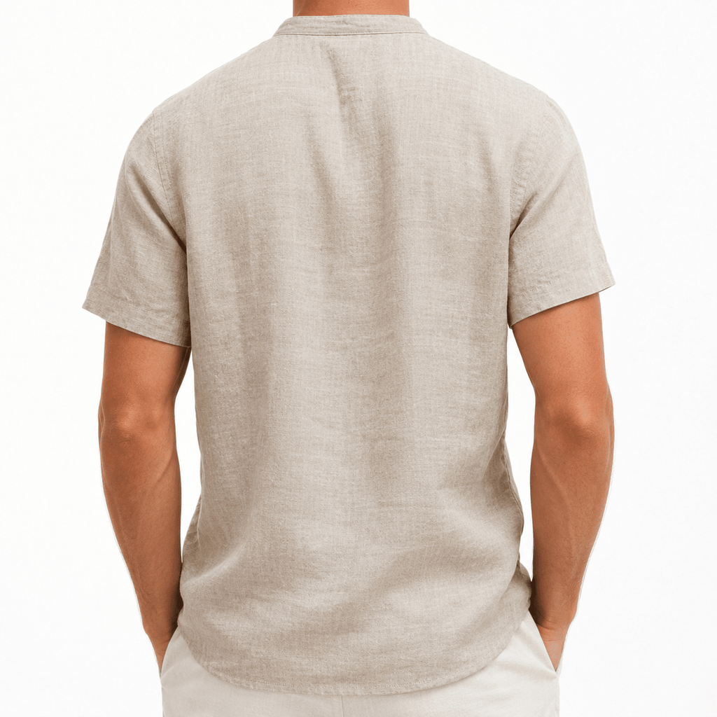 Men’s Beige Textured Short-Sleeve Henley Shirt with Chest Pocket - MattiaCremasco