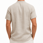 Men’s Beige Textured Short-Sleeve Henley Shirt with Chest Pocket - MattiaCremasco