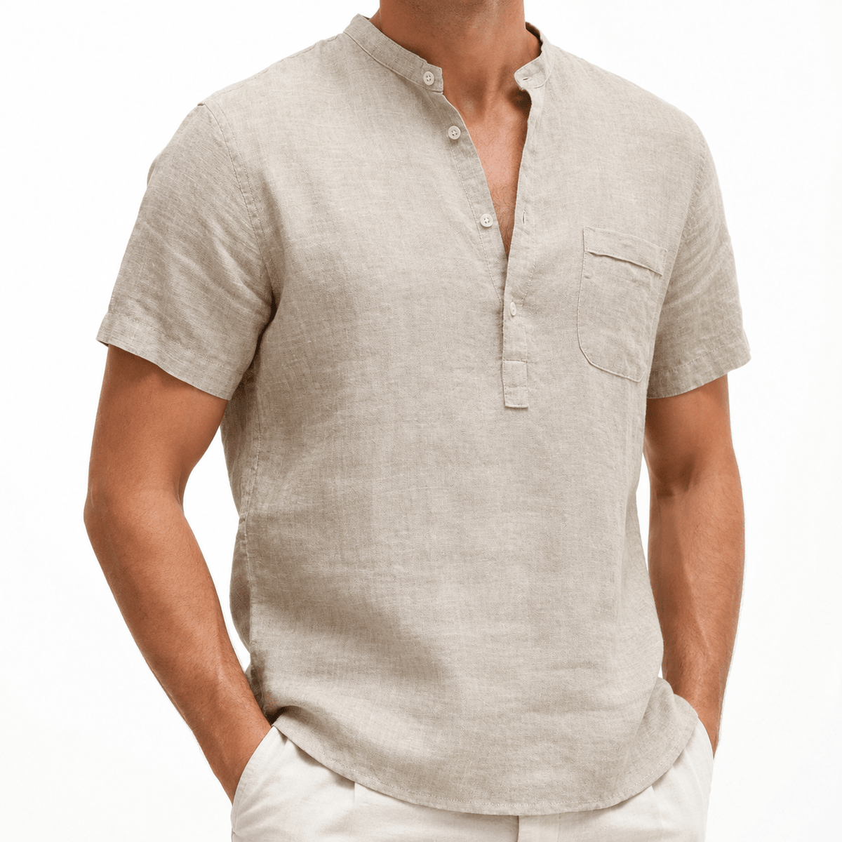 Men’s Beige Textured Short-Sleeve Henley Shirt with Chest Pocket - MattiaCremasco