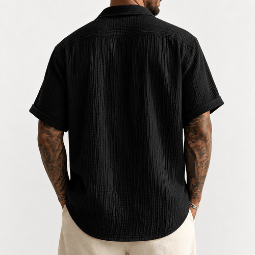 Men’s Black Textured Short-Sleeve Button-Up Shirt - MattiaCremasco