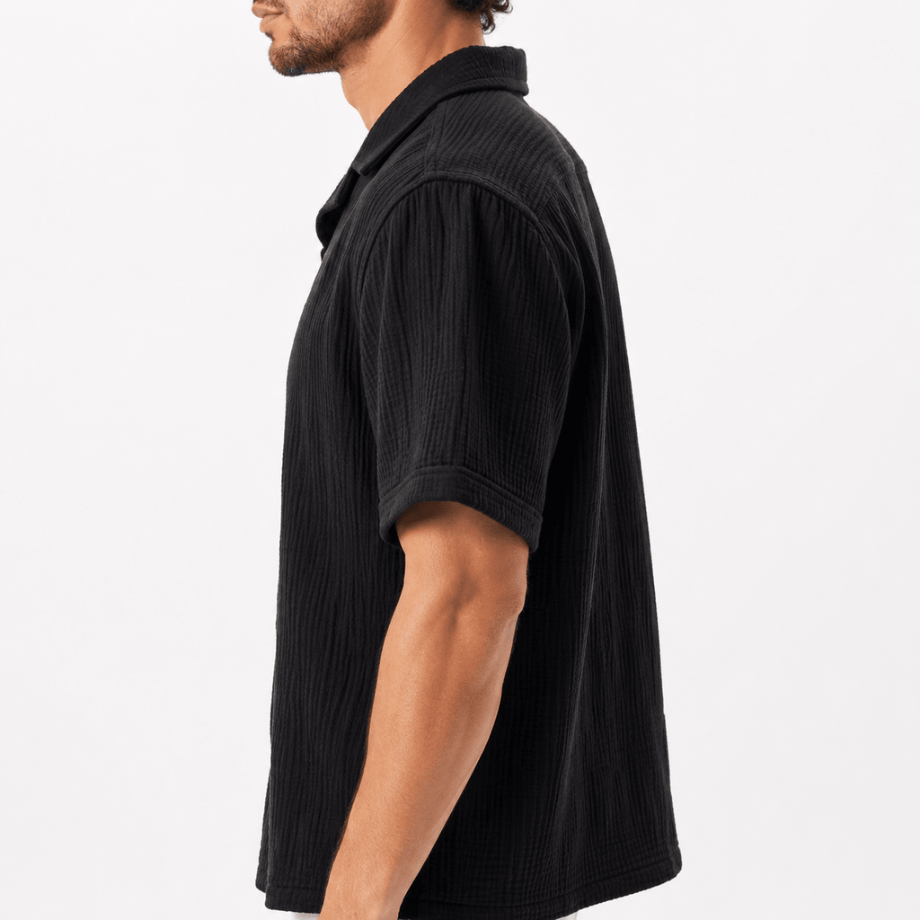 Men’s Black Textured Short-Sleeve Button-Up Shirt - MattiaCremasco