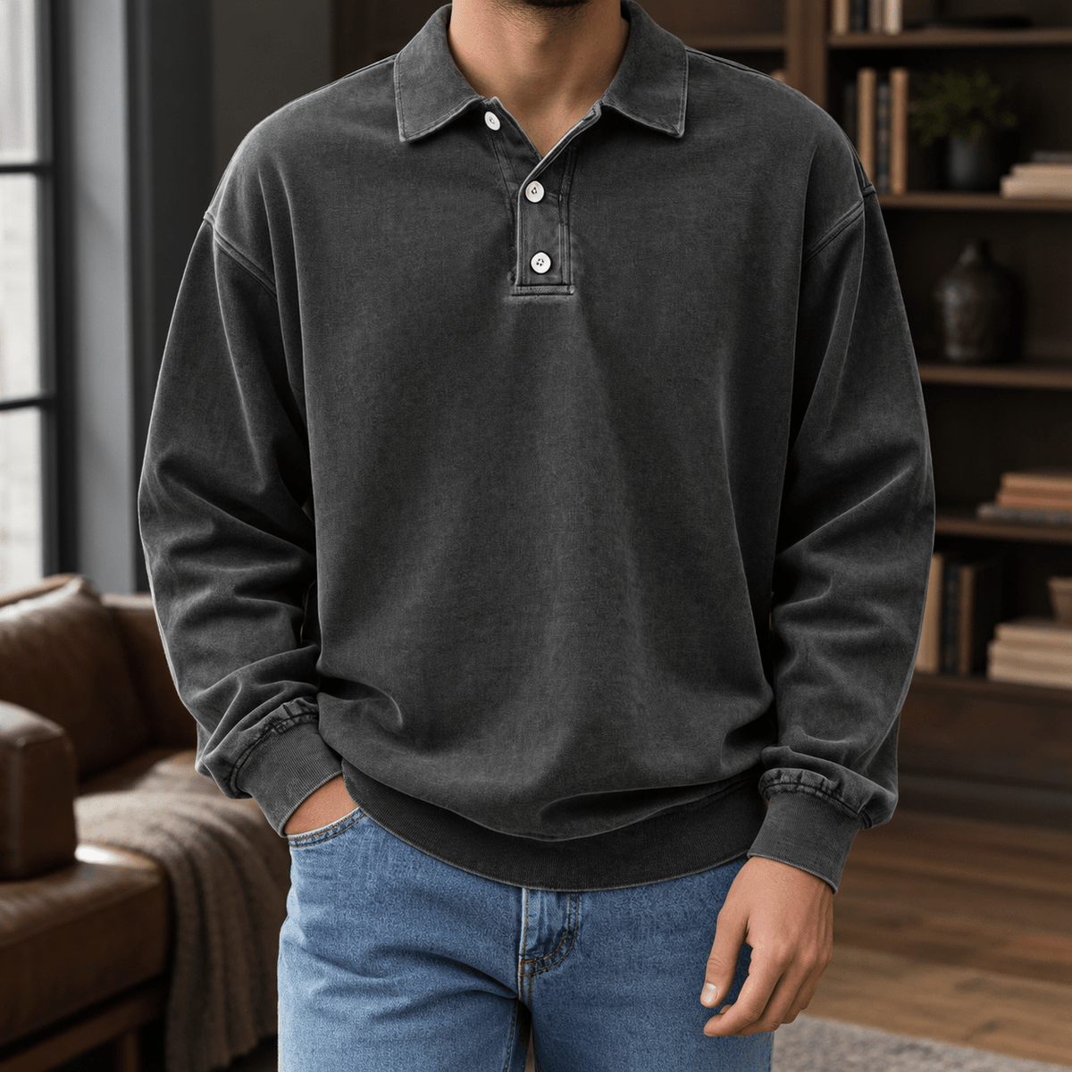 Men's Long Sleeve Knit Polo Shirt with Relaxed Fit - Mattia Cremasco