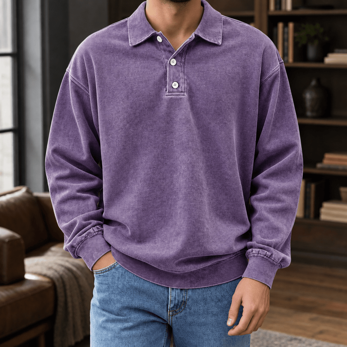 Men's Long Sleeve Knit Polo Shirt with Relaxed Fit - Mattia Cremasco